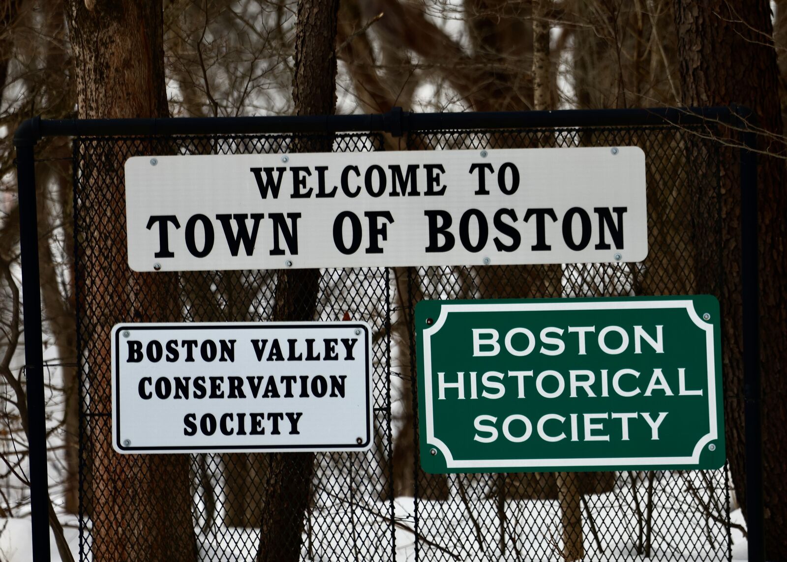 Welcome to Town of Boston sign with Boston Valley Conservation Society and Boston Historical Society plaques